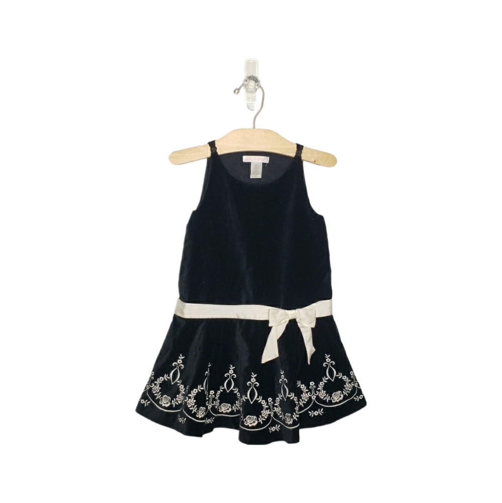 Janie and Jack 3T Black Velvet Embroidered Drop Waist Silk Bow Formal Dress
